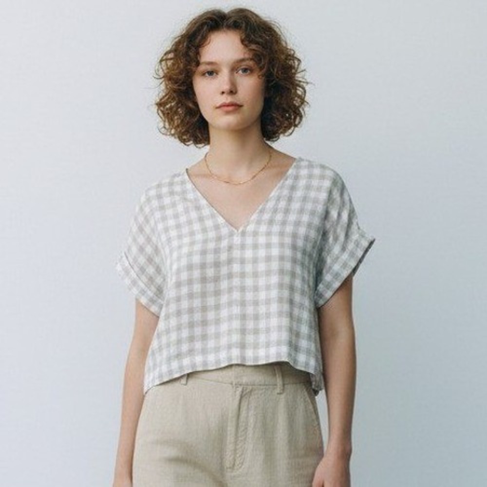 Lou & Grey Beige White Gingham 100% Linen V-Neck Boxy Cuffed Sleeve Top XXS
